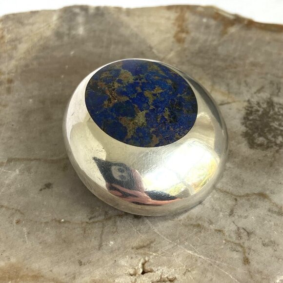 VTG Sterling Silver 950 Mexico Chunky Round Lapis Lazuli Inlay Pendant Brooch - Picture 14 of 16